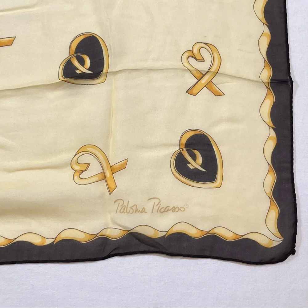 Paloma Picasso Vintage Made In Italy ”Hugs & Kisses” Silk Scarf Yellow & Brown